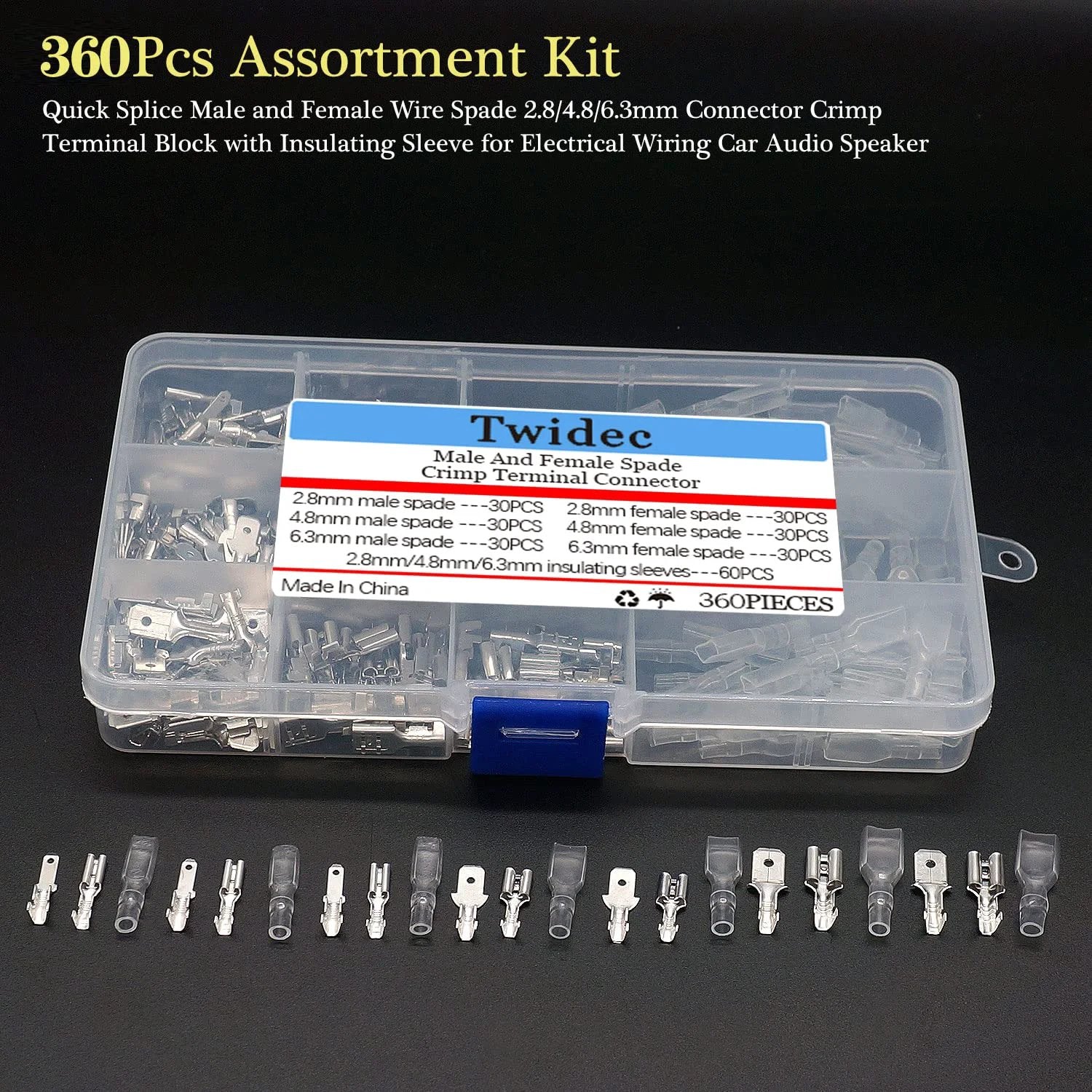 Premium Quick Splice Spade Connector Kit For Electrical Wiring And Car Audio 360Pcs in 2.8 4.8 6.3mm sizes, with box view