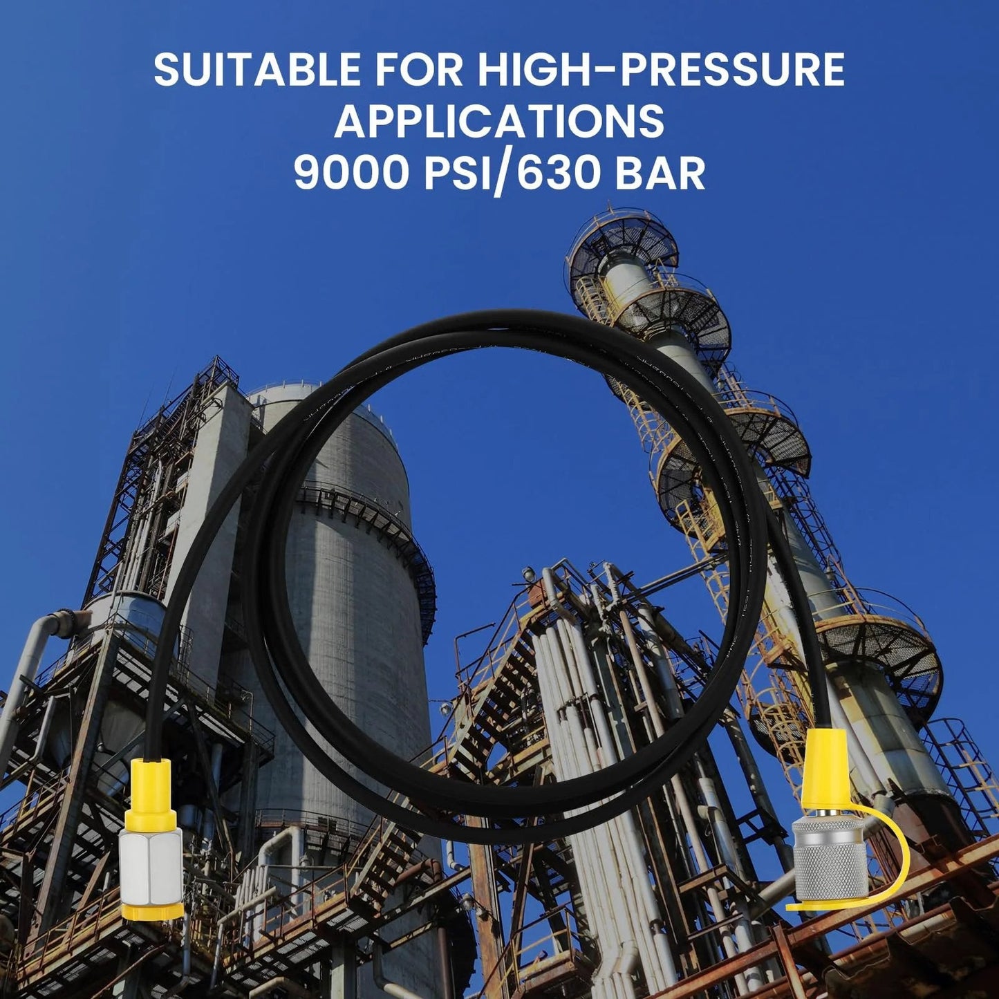 High Pressure Hydraulic Test Hose for 9000 PSI Systems With 630 BAR Working Pressure and 1600 BAR Burst, industrial background