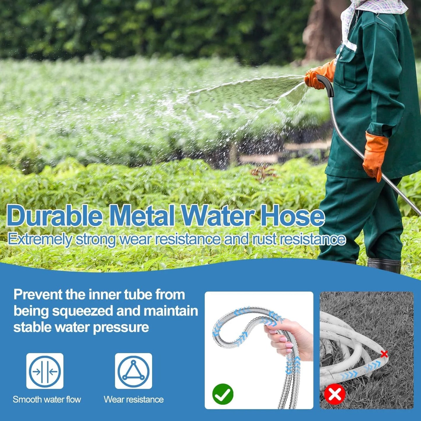 Durable 50 Foot 304 Stainless Steel Garden Hose With Solid Brass Connectors And Rubber Grip Flexible Metal Water Hose No Expandable For Yard And Outdoor Use No Hassle Setup For Leak Free Rinsing being used outdoors for watering a garden.