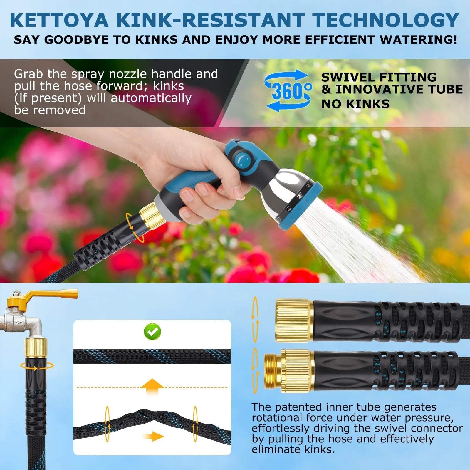 Non Expanding Garden Hose 100 Ft With Kink Resistant Flex, Lightweight Water Hose, 10 Pattern Spray Nozzle, Leak Proof, Three Quarter Inch Swivel Connectors, Durable Fabric, Portable Storage Strap, KETTOYA in use with nozzle spraying water in a garden