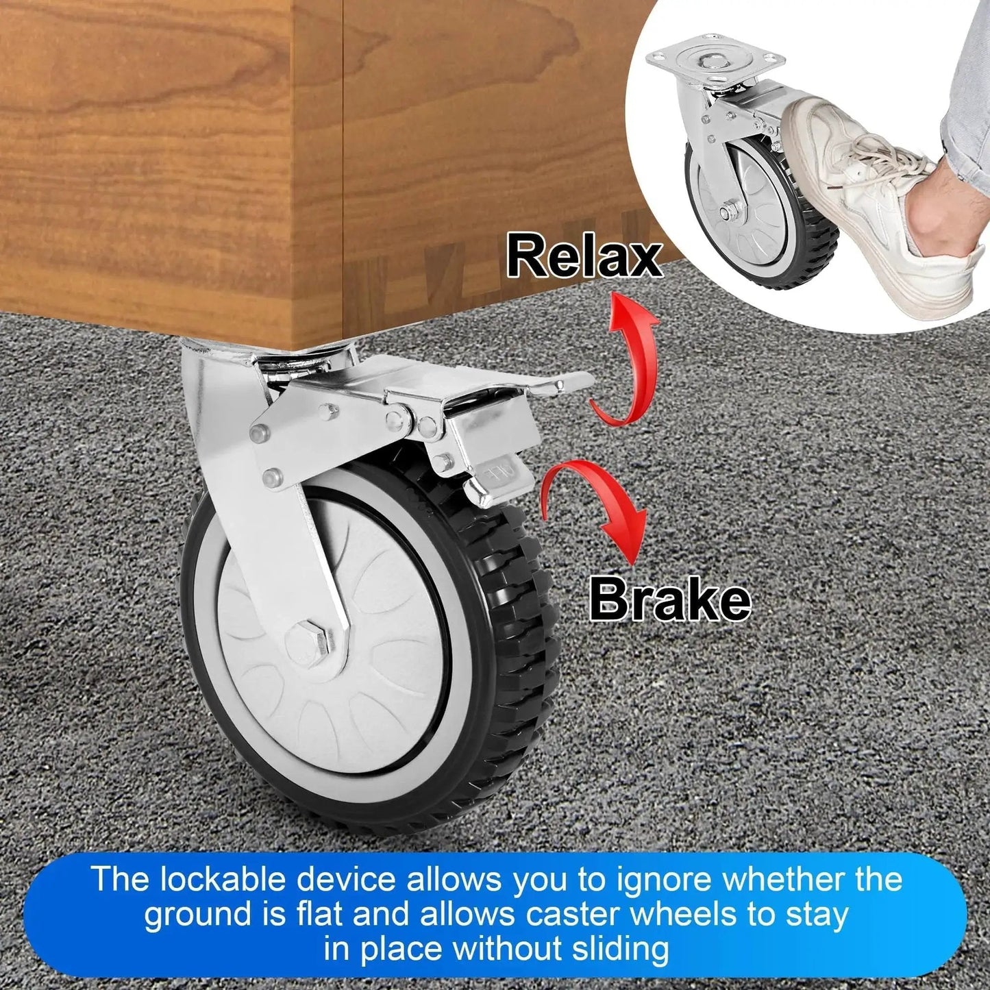 Heavy Duty 6 Inch Rubber Caster Wheels Set Of 4 With Anti Skid Swivel Casters And 360 Degree Rotation 1653 Lbs Capacity Two With Brake And Two Without Brake Quiet Silent Universal Caster Wheels For Furniture Equipment showing brake mechanism