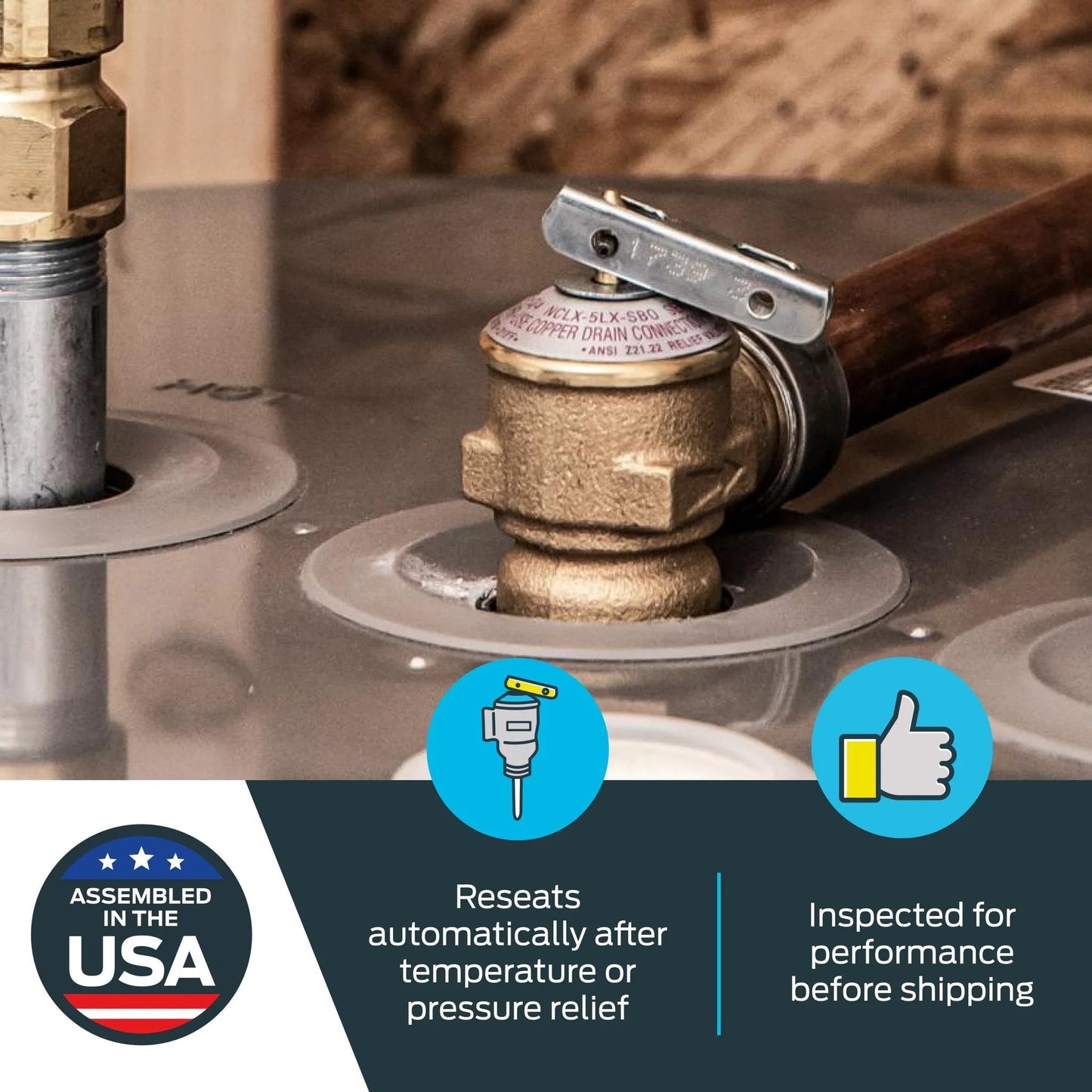 Three Quarter Inch RV Water Heater Pressure Relief Valve Bronze Body 75 PSI FWL2 With MIP Inlet And FIP Outlet installed
