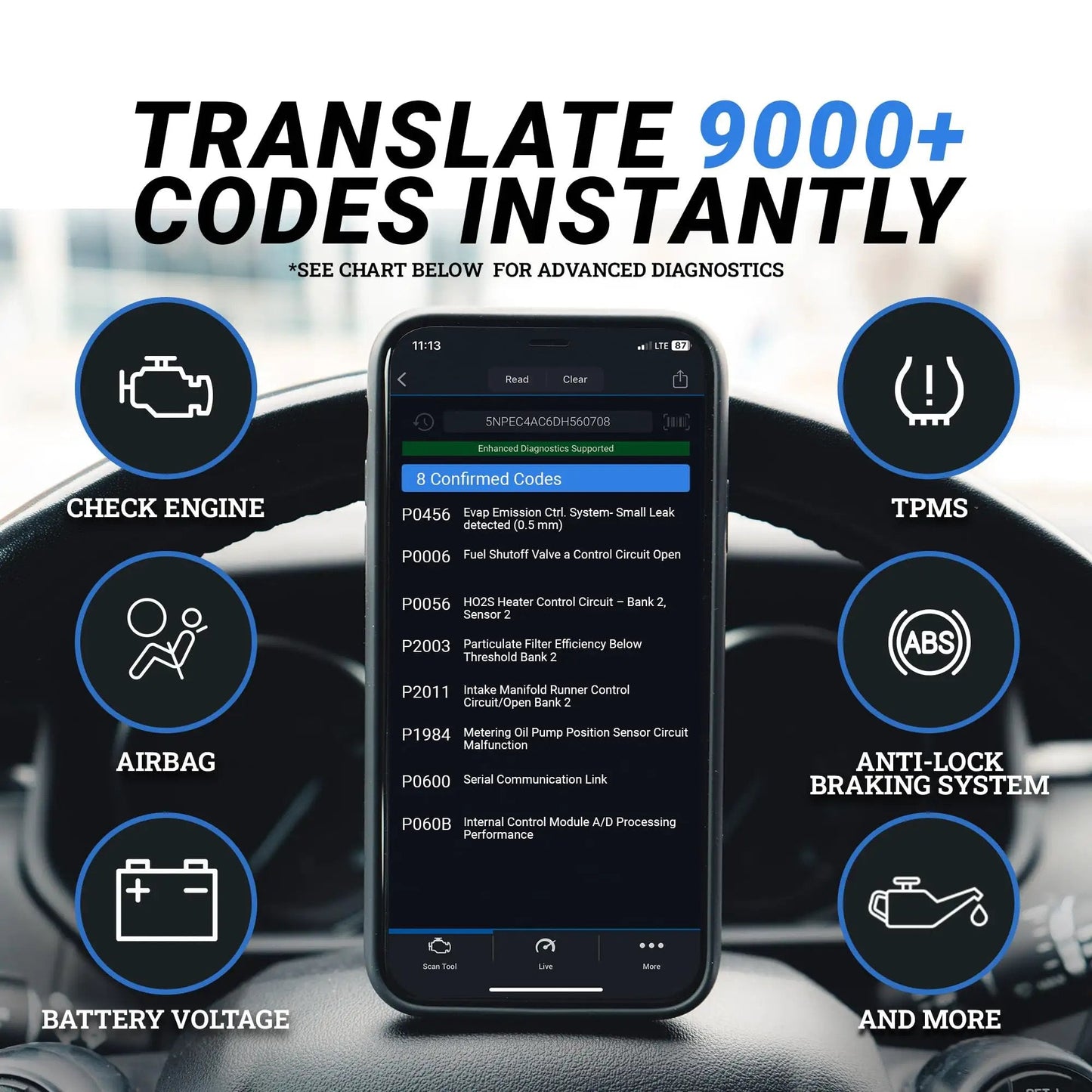 Close-up of smartphone displaying codes from Professional OBD2 Bluetooth Car Scanner For iPhone And Android Read And Clear Codes Diagnose Check Engine ABS SRS Airbag 7000 Plus Vehicle Issues 1996 And Newer No Subscriptions BlueDriver.