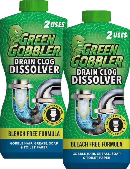 Drain Clog Dissolver Powerful Liquid Opener For Pipes And Septic 2 Pack with green packaging and bleach-free formula.