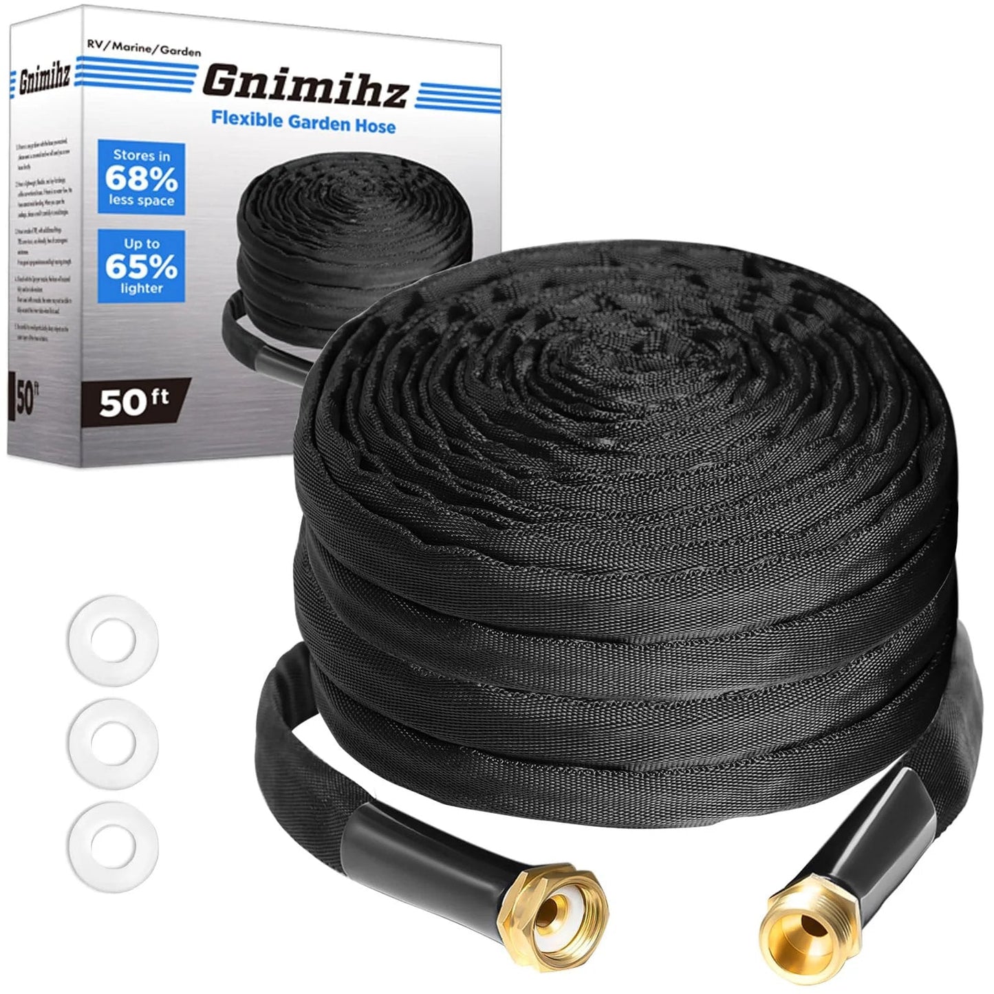Ultra Flexible TPE Garden Hose 50 Feet With Solid Brass Fittings For All Weather Use, PVC Free And Drinking Water Safe, shown coiled
