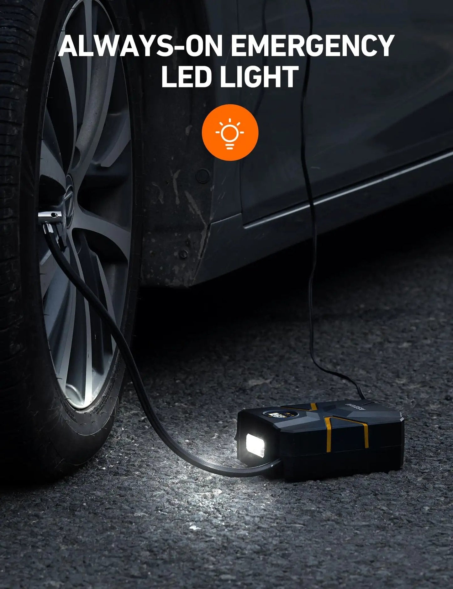 Portable 12V Tire Inflator With Digital Gauge And Auto Shutoff Preset To 150 PSI For Cars Motorcycles Bicycles And Inflatables On The Go Built In Quick Connect Nozzle AstroAI with LED light beside car tire