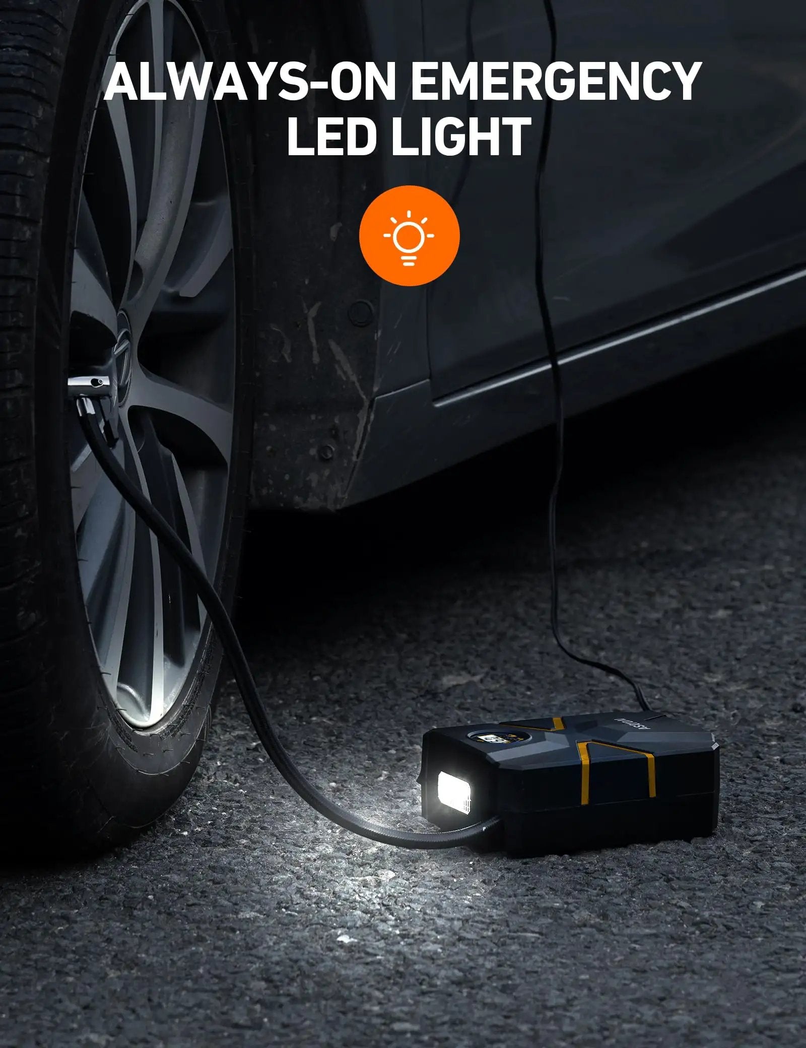 Portable 12V Tire Inflator With Digital Gauge And Auto Shutoff Preset To 150 PSI For Cars Motorcycles Bicycles And Inflatables On The Go Built In Quick Connect Nozzle AstroAI with LED light beside car tire