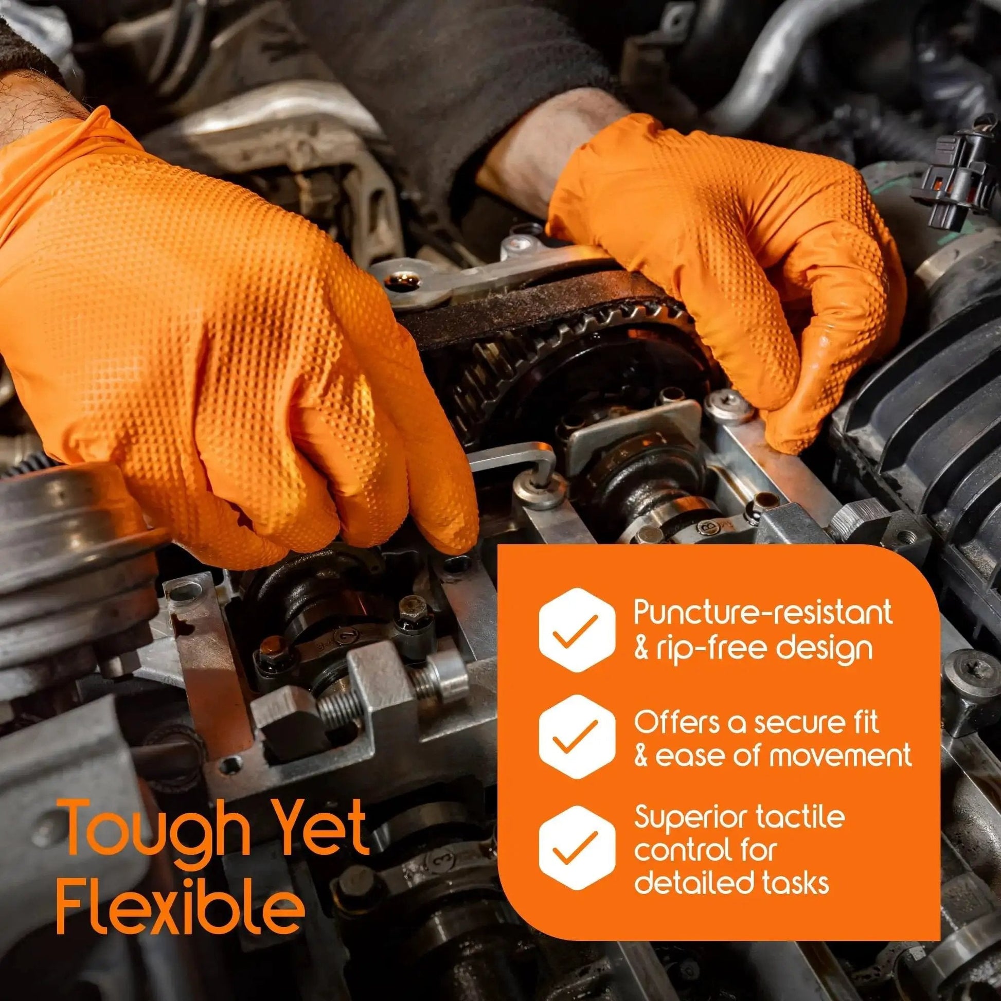 Mechanic wearing Orange Nitrile Gloves 8 Mil Heavy Duty Diamond Textured Grip Large 100 Count working on engine