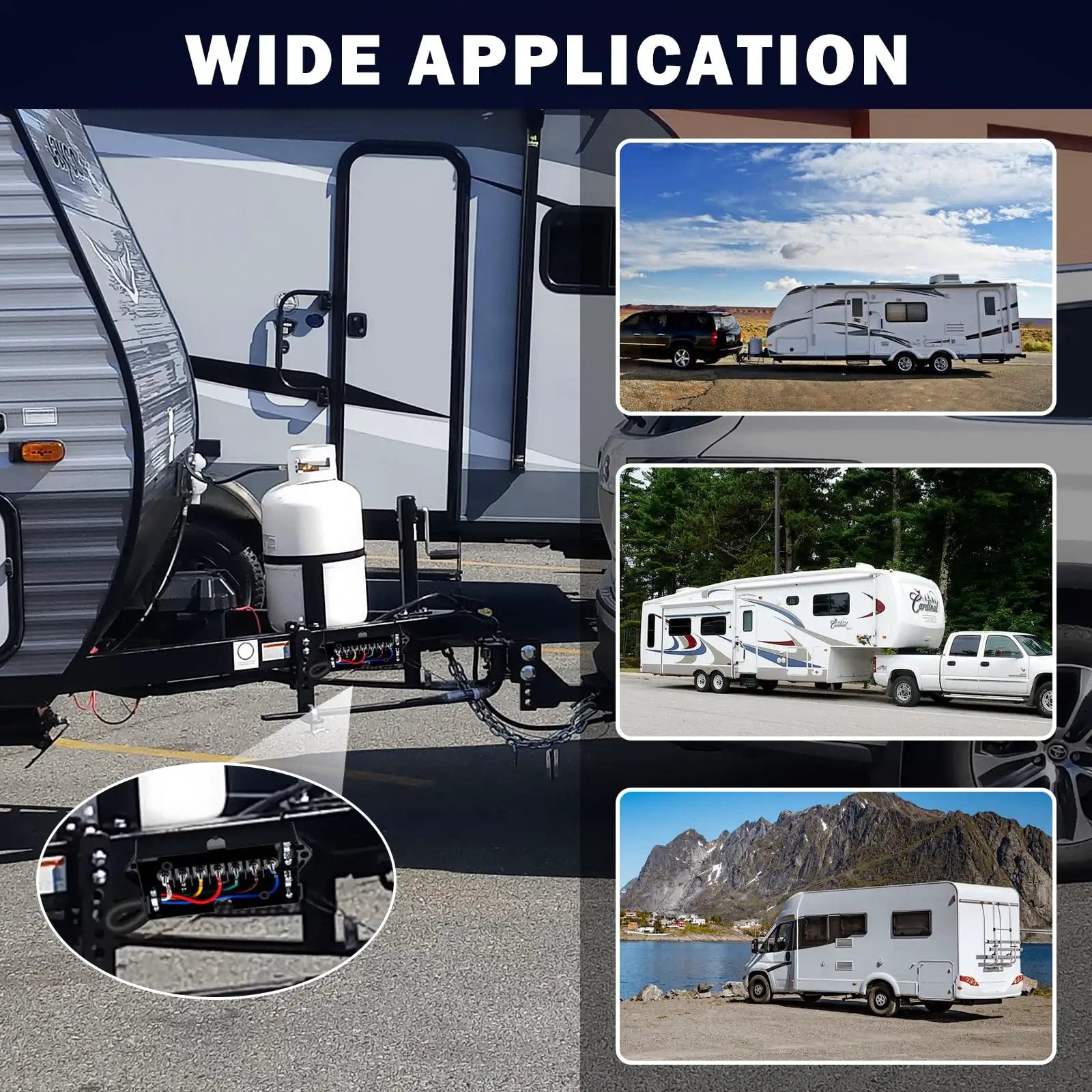 7 Way Trailer Wiring Harness Kit With 8 Ft Cord And Junction Box Premium 7 Pin Trailer Plug For RVs And Trailers Weatherproof Heavy Duty Wiring For Lights And Brakes installation with trailers and RVs.