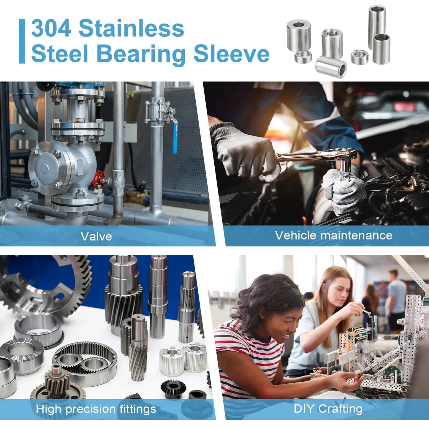 Image collage showing 304 stainless steel spacers used in valves, vehicle maintenance, precision fittings, and DIY crafting.