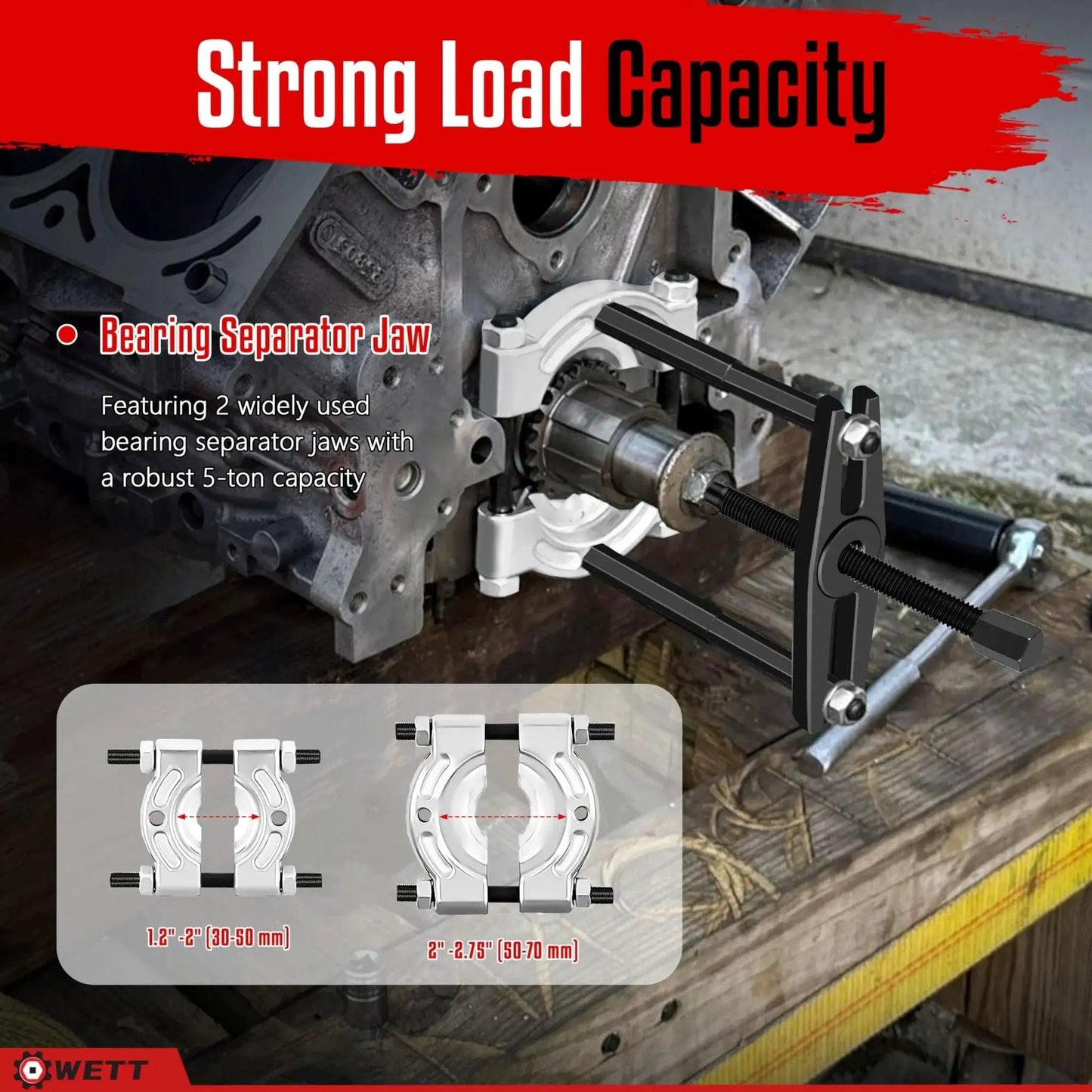 Bearing Puller And Splitter Set 14-Piece Heavy Duty Kit With 5 Ton Capacity featuring 2-inch and 3-inch separator jaws in action.