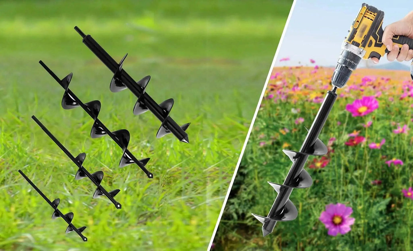Set Of 4 Bulb Planting Auger Bits For Drill Three Eighths Inch Hex Drive shown with drill in garden setting