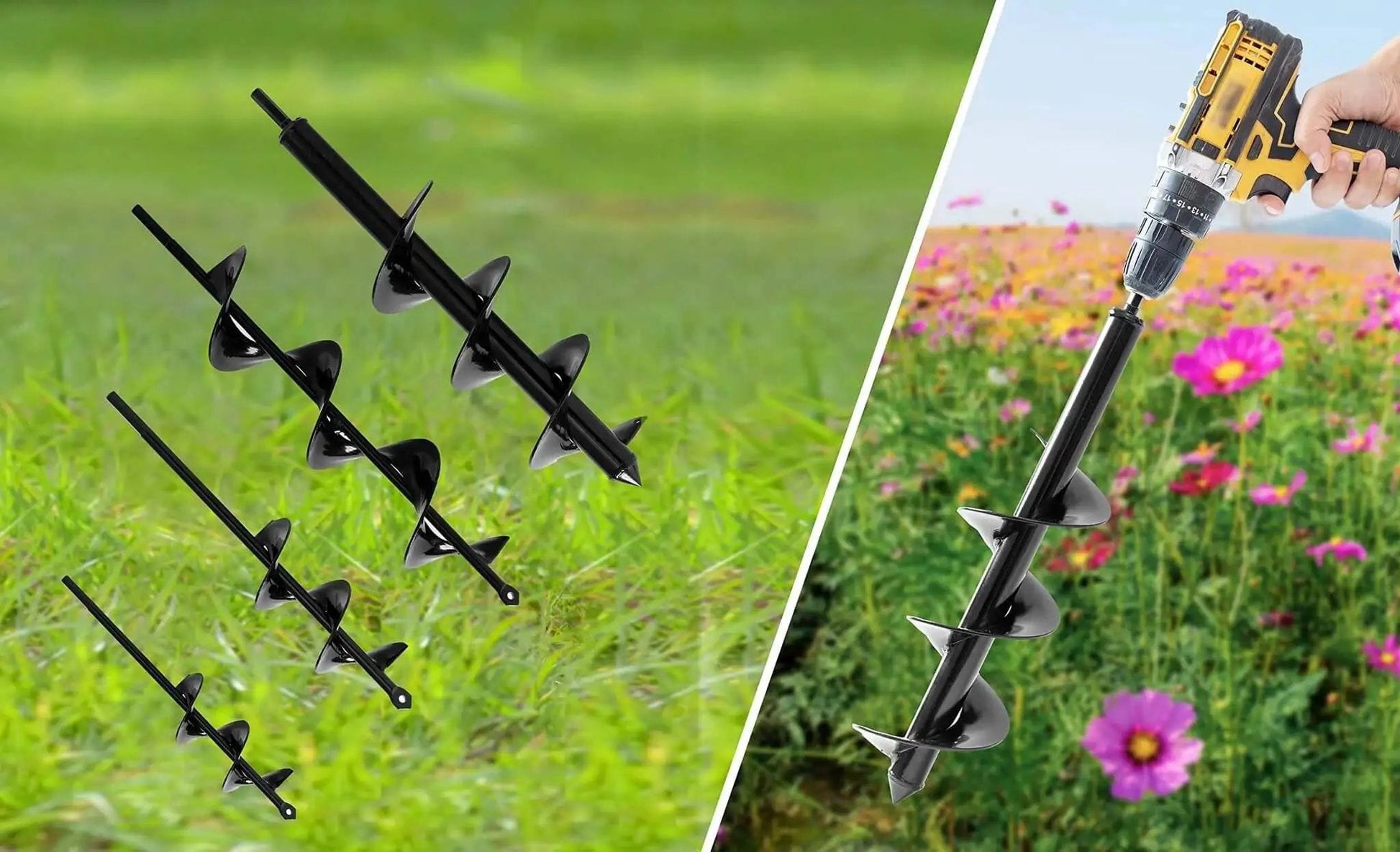 Set Of 4 Bulb Planting Auger Bits For Drill Three Eighths Inch Hex Drive shown with drill in garden setting
