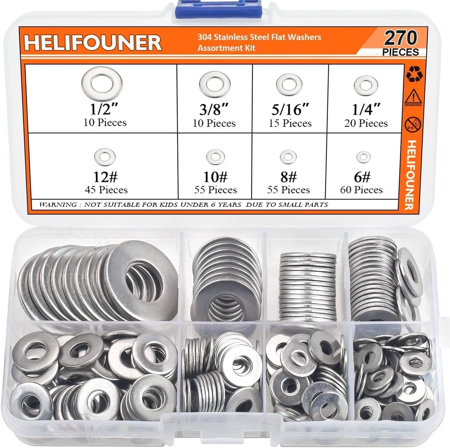 270 Piece Stainless Steel Flat Washer Set In 8 Sizes Including 1/2 3/8 5/16 1/4 And 12 10 8 6 For Electrical Connections Automotive And Household Appliances In A Durable Plastic Storage Case Heavy Duty For Everyday DIY