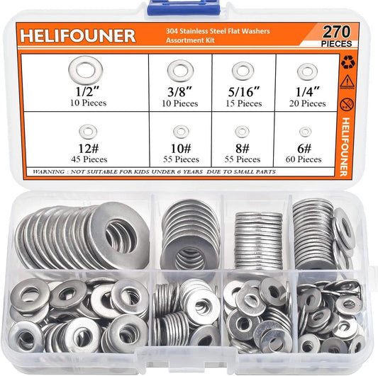 270 Piece Stainless Steel Flat Washer Set In 8 Sizes Including 1/2 3/8 5/16 1/4 And 12 10 8 6 For Electrical Connections Automotive And Household Appliances In A Durable Plastic Storage Case Heavy Duty For Everyday DIY