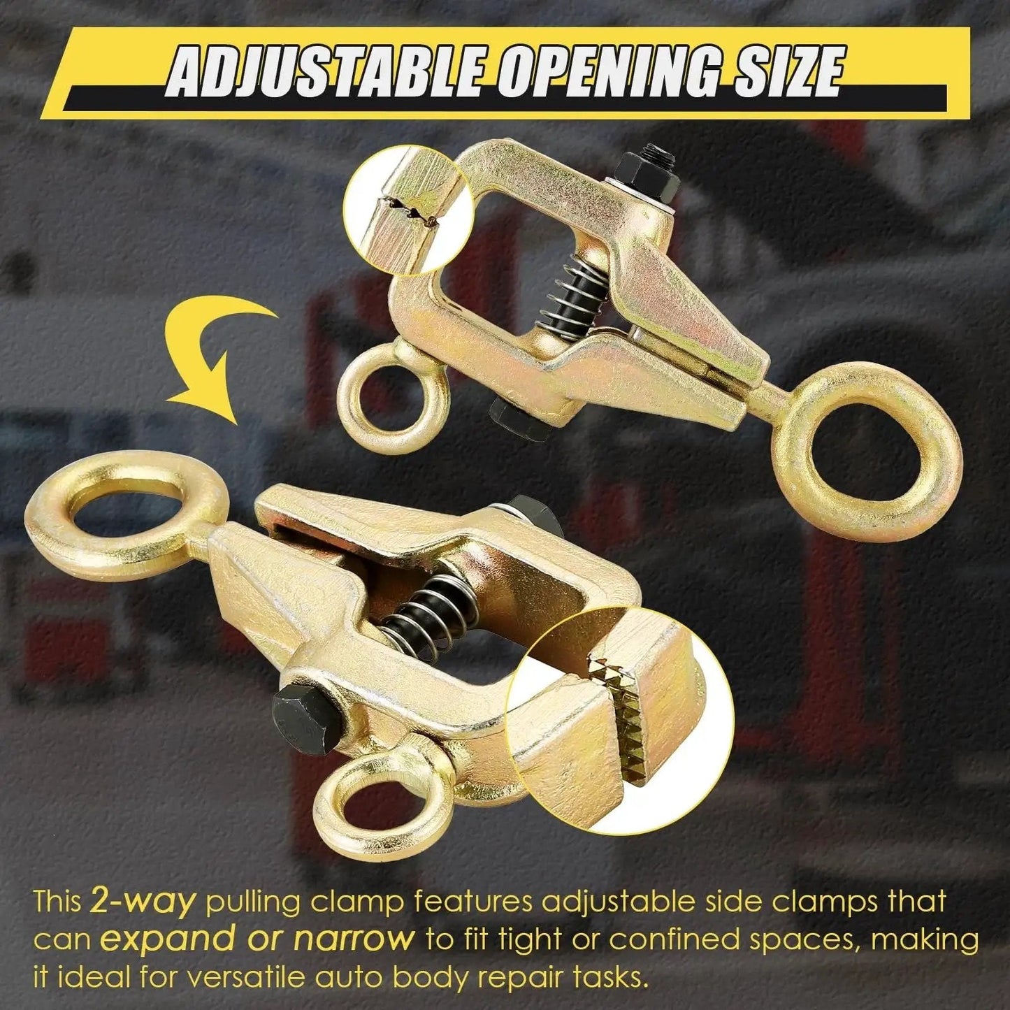 Beefy 5 Ton 2 Way Auto Body Repair Pull Clamp With Self Tightening Grips, adjustable opening size for versatile frame straightening.