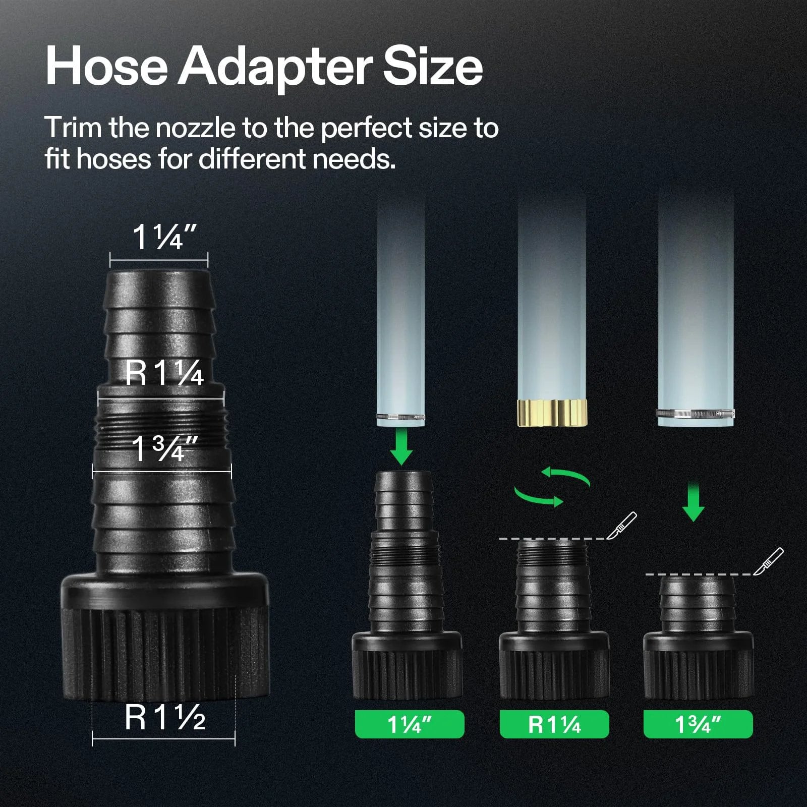 Hose adapter size chart for High Performance 4500 GPH Submersible Pond Pump with 220W Motor and 19 Foot Lift Height from VIVOSUN.