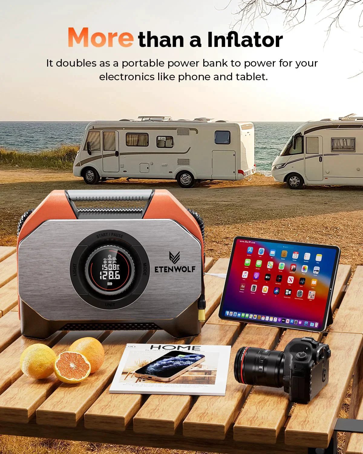 Vortex S6 Cordless Tire Inflator with 19200mAh battery shown outdoors on picnic table with tablet and camera
