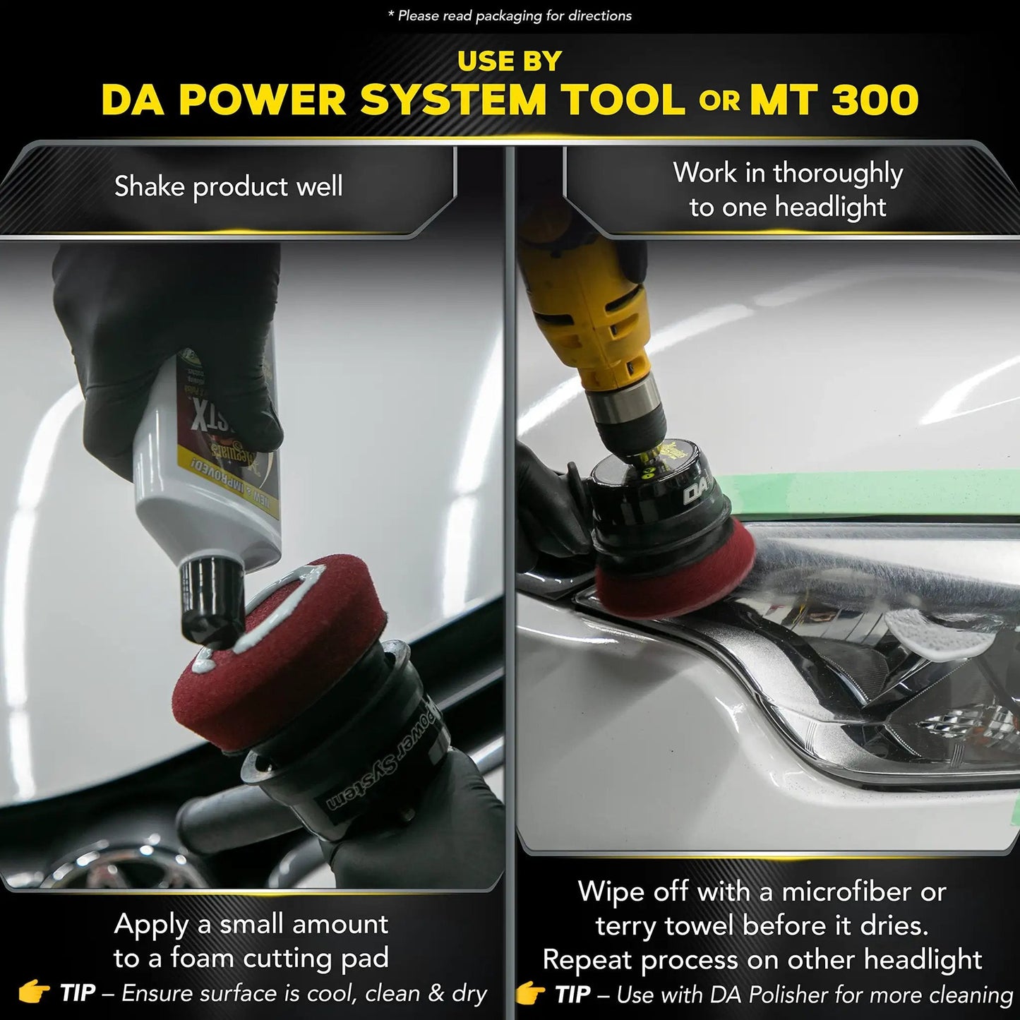 Instructions for using Plastic Clear Cleaner And Polish For Cars That Wipes Out Yellowing Cloudiness And Scratches Restores Headlight Clarity Meguiars PlastX G12310C with DA Power Tool.