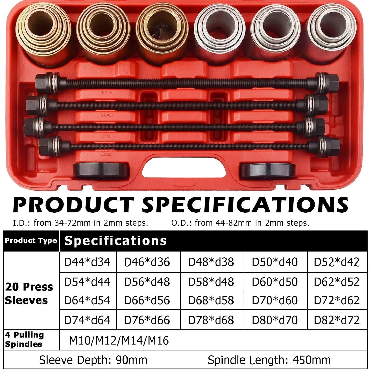 Universal Press And Pull Sleeve Tool Kit For Removing And Installing Bushings And Bearings, 20 Sleeves, 4 Spindles, Product Specifications