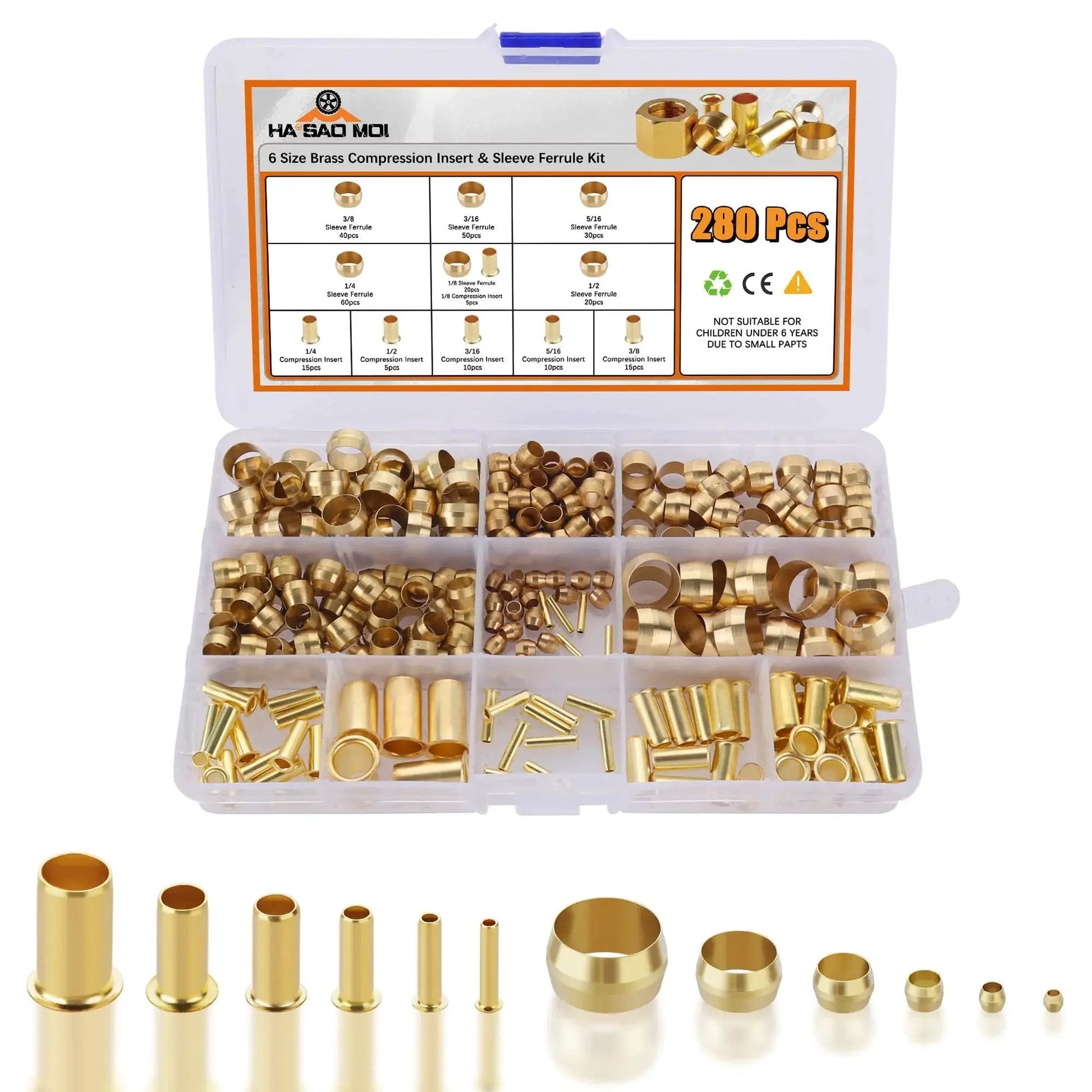 Brass Compression Fittings Kit, 280 Pieces, Six Sizes From One Eighth To One Half Inch, includes sleeve ferrules and inserts