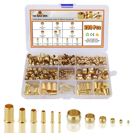 Brass Compression Fittings Kit, 280 Pieces, Six Sizes From One Eighth To One Half Inch, includes sleeve ferrules and inserts