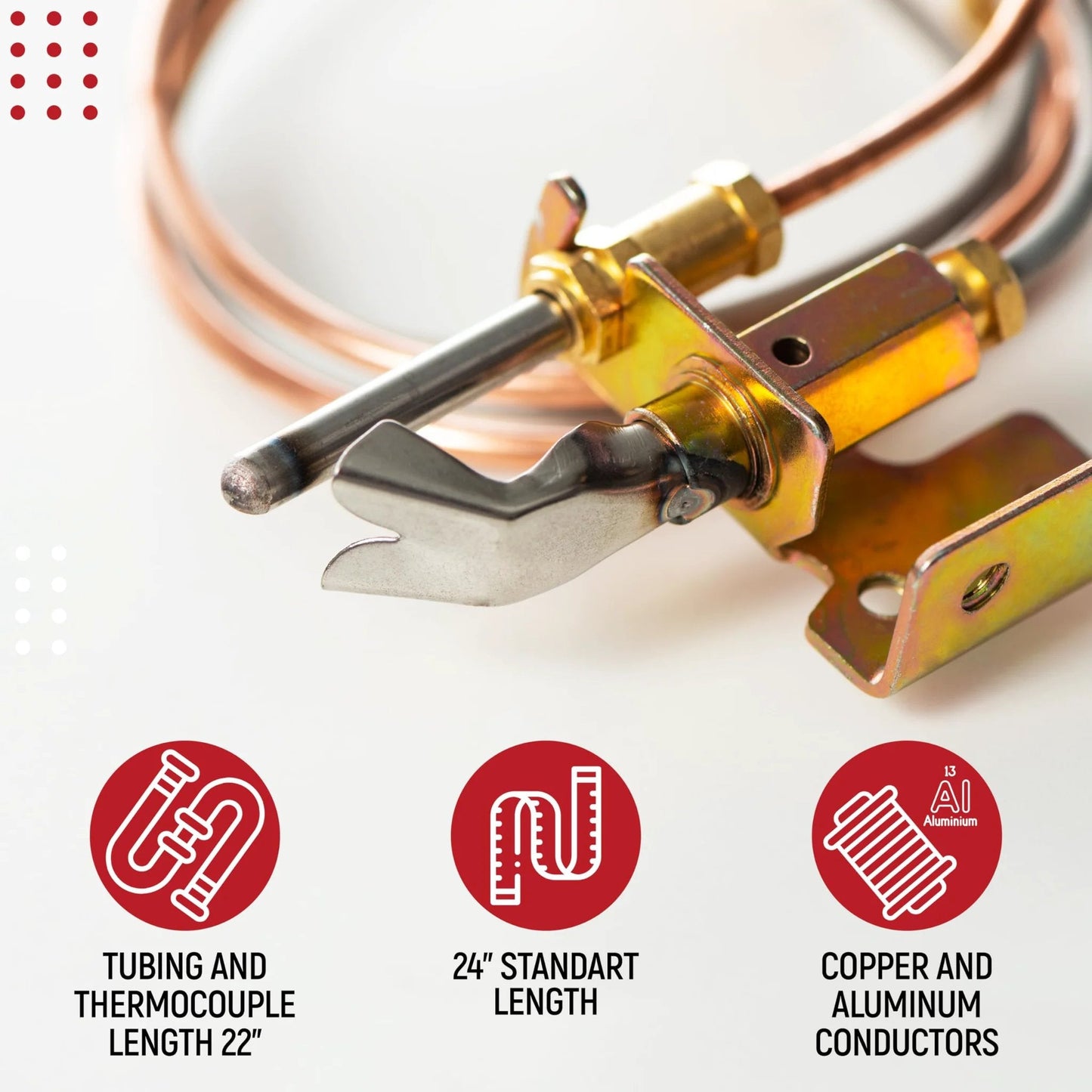 Close-up of Gas Water Heater Pilot Assembly With 24 Inch Thermocouple For Gas Water Heaters Fits Desa NR Sears Remington Reddy All Pro Universal And More Plug And Play Compatible With RLP55V RLP125V REM55PV REM125PV And 85 Replacement Part showcasing copper and aluminum conductors.