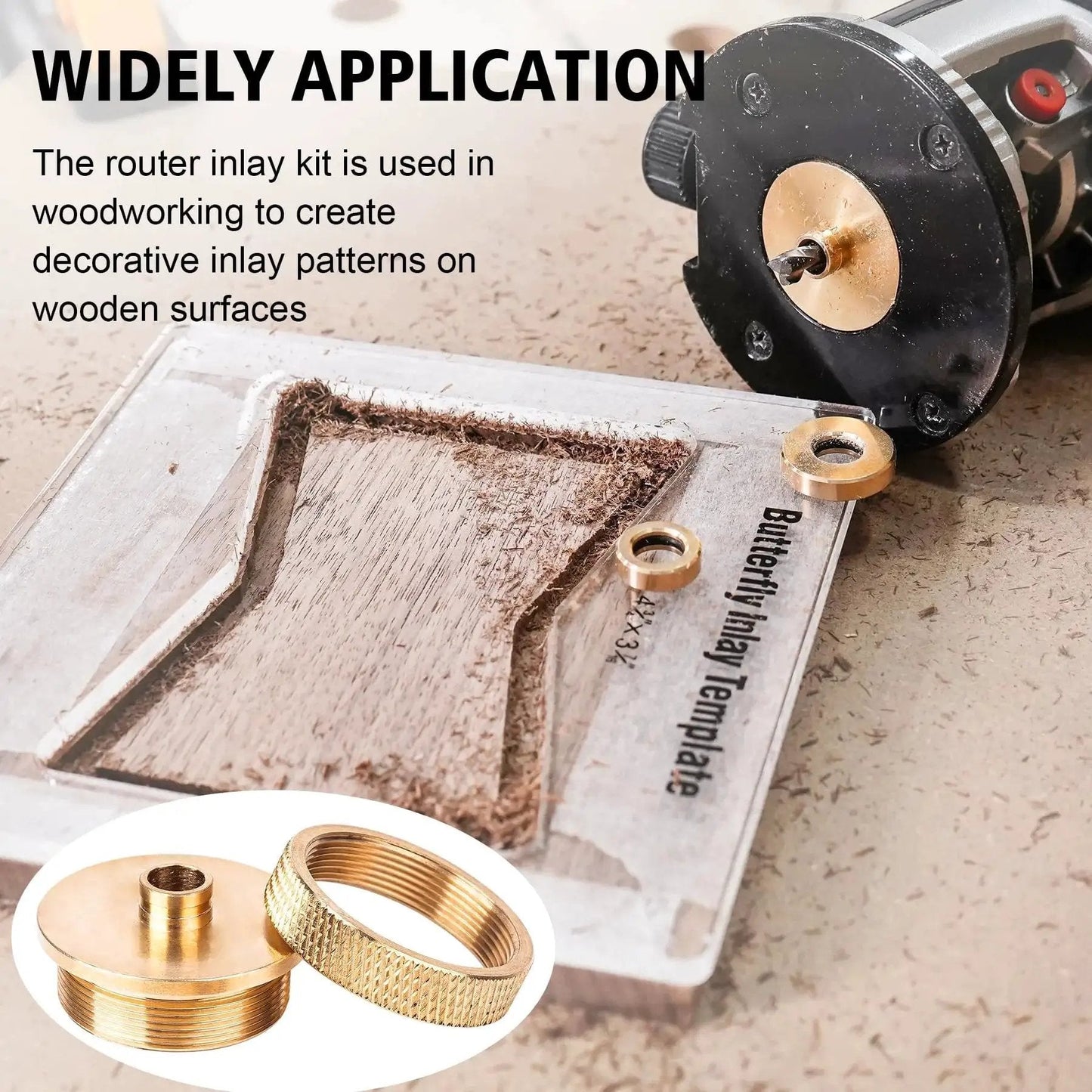 Router Inlay Kit With Solid Brass Bushings And Carbide Spiral Upcut Bits for Woodworking on wooden surface with brass retaining nuts