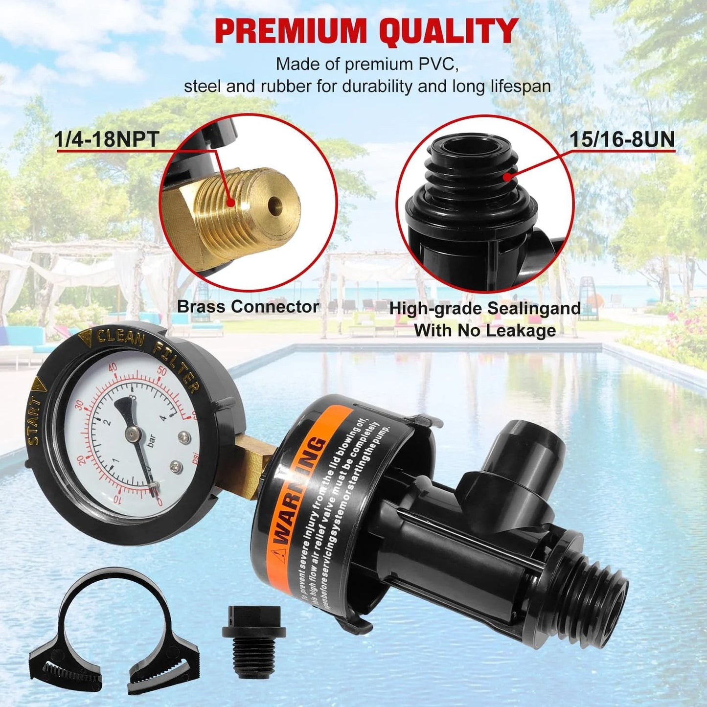 Manual Air Relief Valve Assembly With Pool Filter Pressure Gauge Kit for Pentair filters showing brass connector and sealing