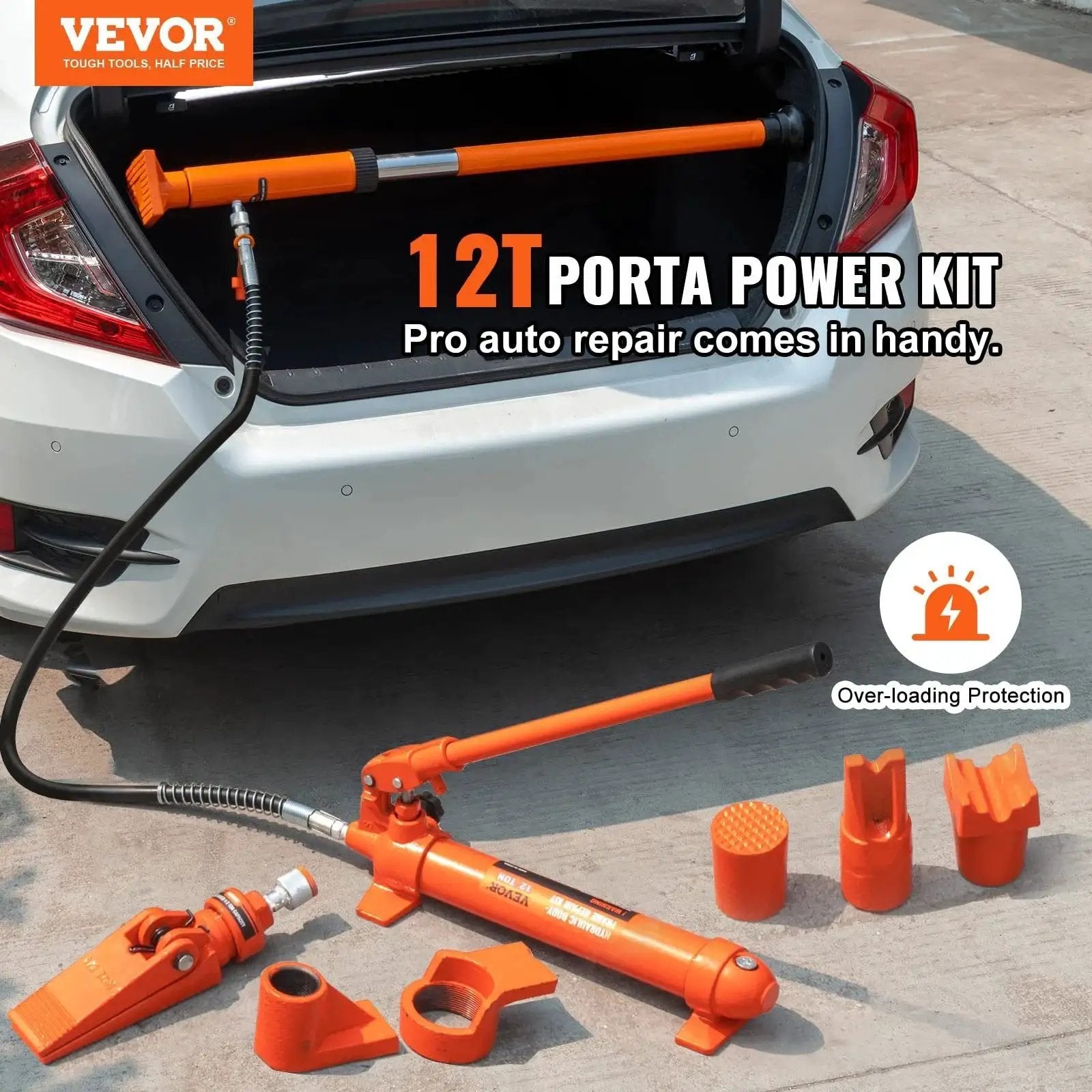 12 Ton Porta Power Kit With Hydraulic Ram And Pump 4.6 Ft Oil Hose Portable shown with accessories and vehicle trunk