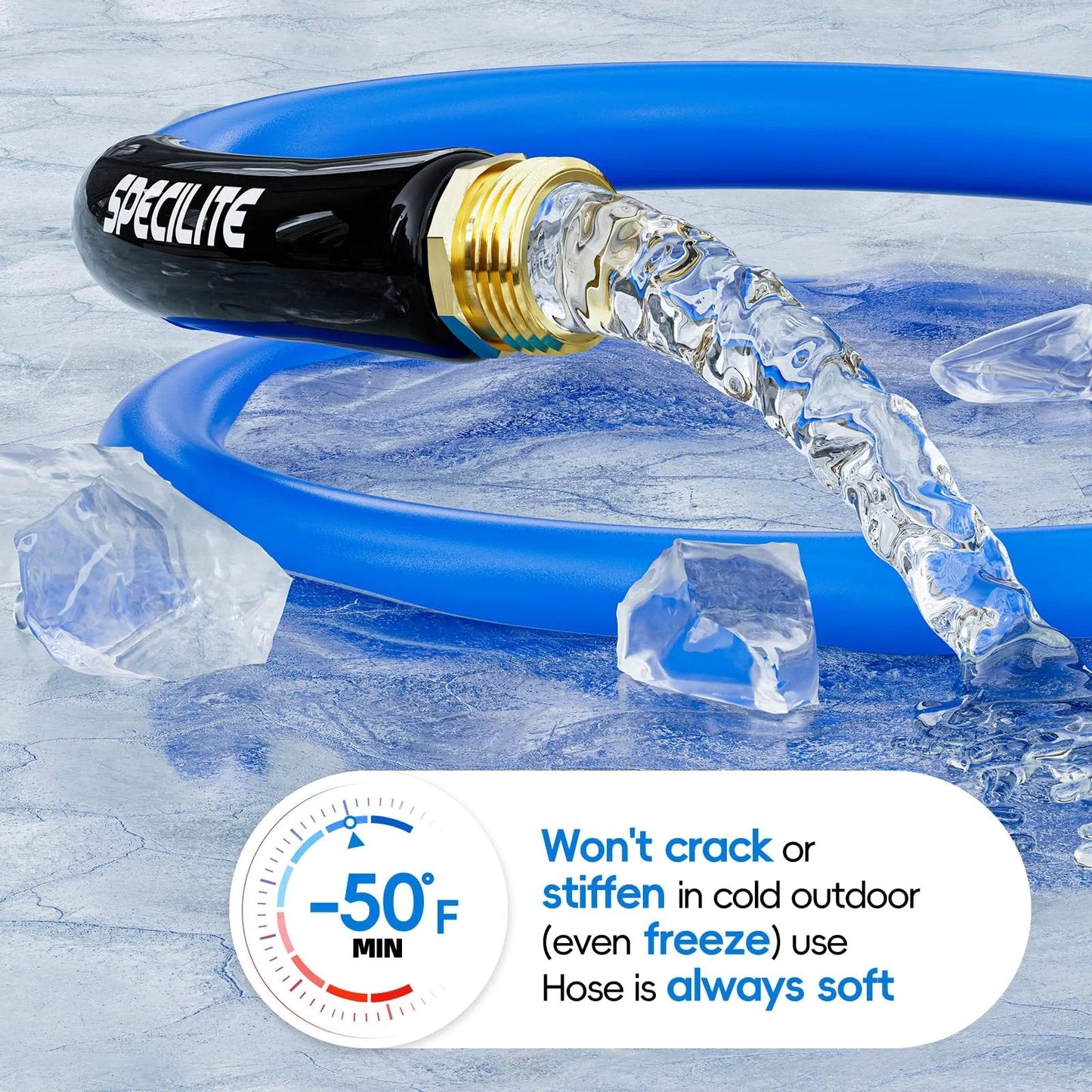 Tough As Nails Heavy Duty Garden Hose 50 Feet Long 5 Eighth Inch Diameter Hot Cold Water Flexible Rubber Hose With Three Quarter Inch Brass Fittings Burst Pressure 605 PSI Lightweight Blue For Backyard Outdoor Farm Minus Fifty To One Hundred Ninety shown with water and ice cubes