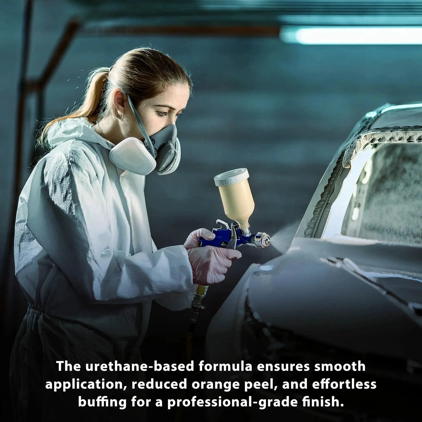 Person using spray gun for car painting with 1.25 Quarts 2K Urethane Clear Coat Kit With 4 To 1 Hardener For Gloss Refinish