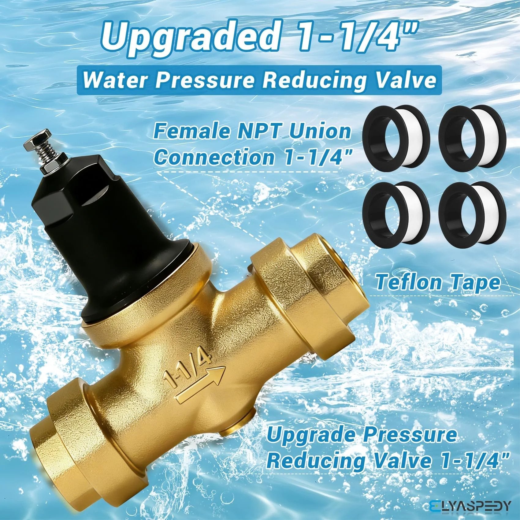One And A Quarter Inch NR3XL Pressure Reducing Valve For Drinking Water Lines With Double Internal NPT Threads, Adjustable Outlet Pressure Up To 400 PSI, Compatible With Zurn 114 NR3XLDULU Valves, Includes Waterproof Tape For Quick Install, shown with Teflon tape and connection size.