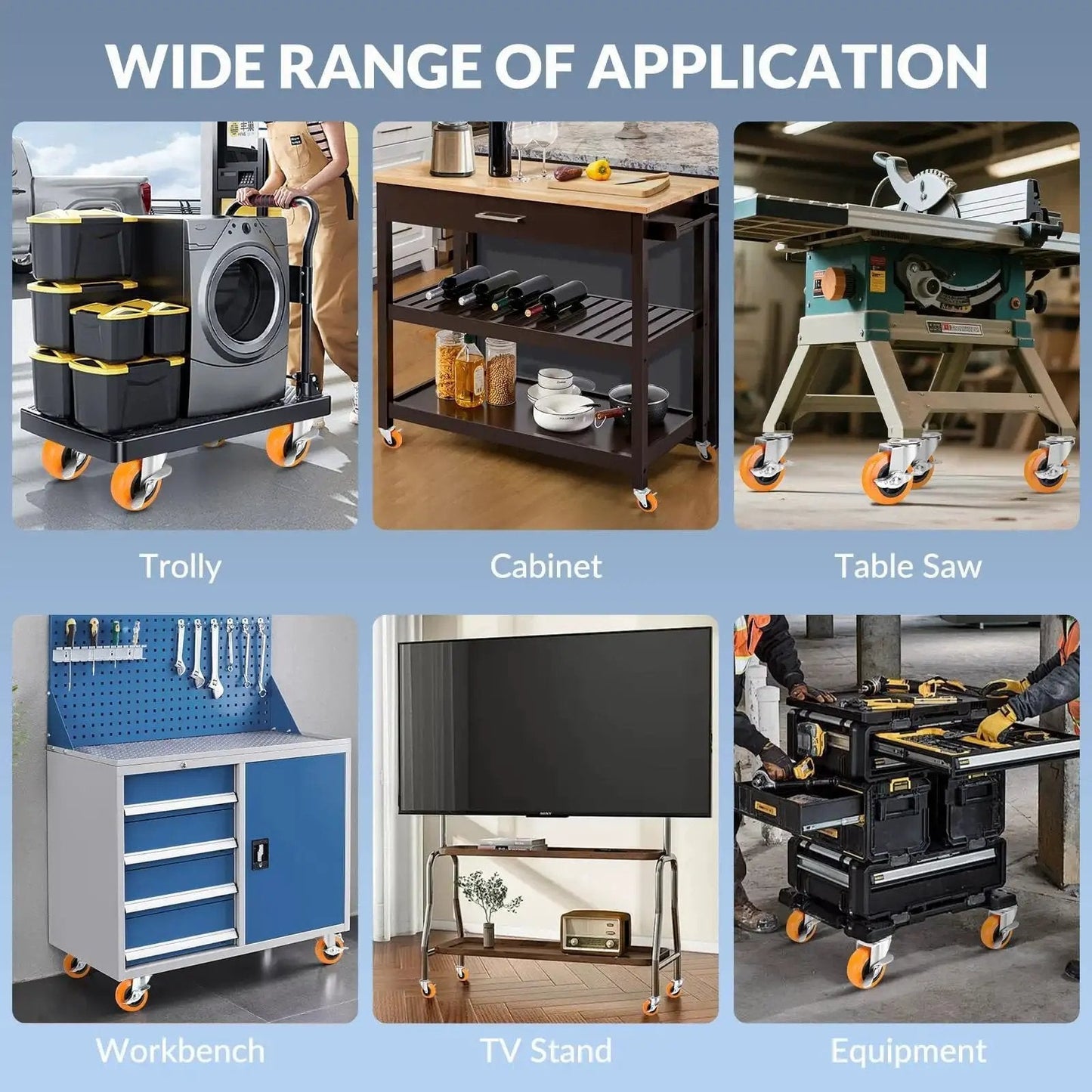 Beefy Heavy Duty 3 Inch Caster Wheels Set of Four on various furniture and equipment including trolleys, cabinets, and workbenches, demonstrating versatility.