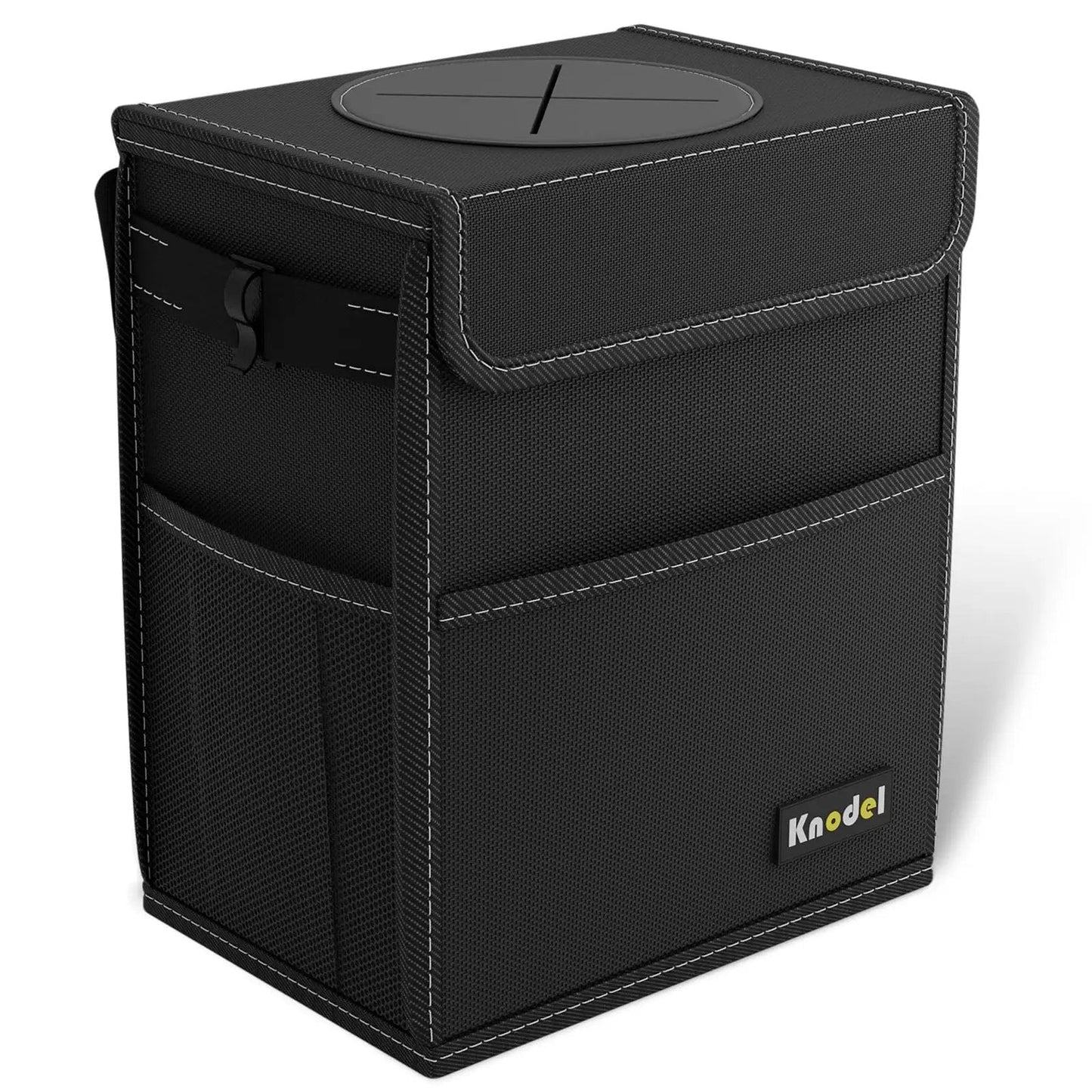 Leakproof 2 Gallon Car Trash Can With Lid Black Waterproof Organizer For Cars With Adjustable Straps That Mount Anywhere For A Clean Ride That Keeps Spills Contained Odors Locked Down, side view.