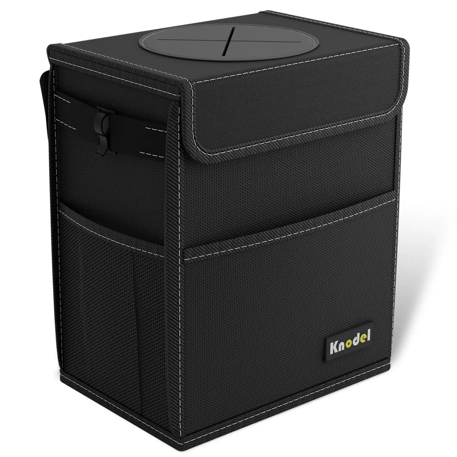 Leakproof 2 Gallon Car Trash Can With Lid Black Waterproof Organizer For Cars With Adjustable Straps That Mount Anywhere For A Clean Ride That Keeps Spills Contained Odors Locked Down, side view.