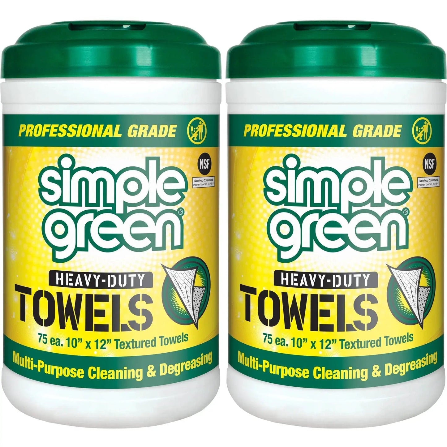 Heavy-Duty Cleaning Towels and Degreasing Wipes 75 Count Pack of 2 in green-lidded containers