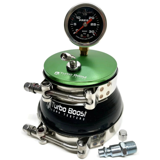 4 Inch Turbo Boost Leak Tester And Leak Detector With 6061 Billet Aluminum Body 30 PSI Rating Checks Intake Charge Pipe Pressure Leaks Includes Tire And One Quarter Inch Air Fittings Perfect For Turbocharged Rigs