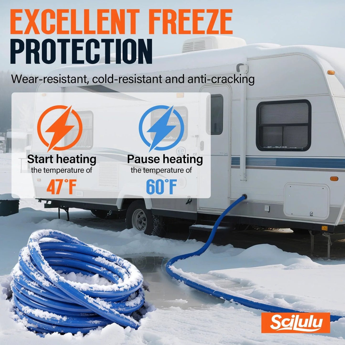Heavy Duty Heated Water Hose For RVs And Home Use, Scilulu 30ft attached to RV, showing freeze protection features in snow