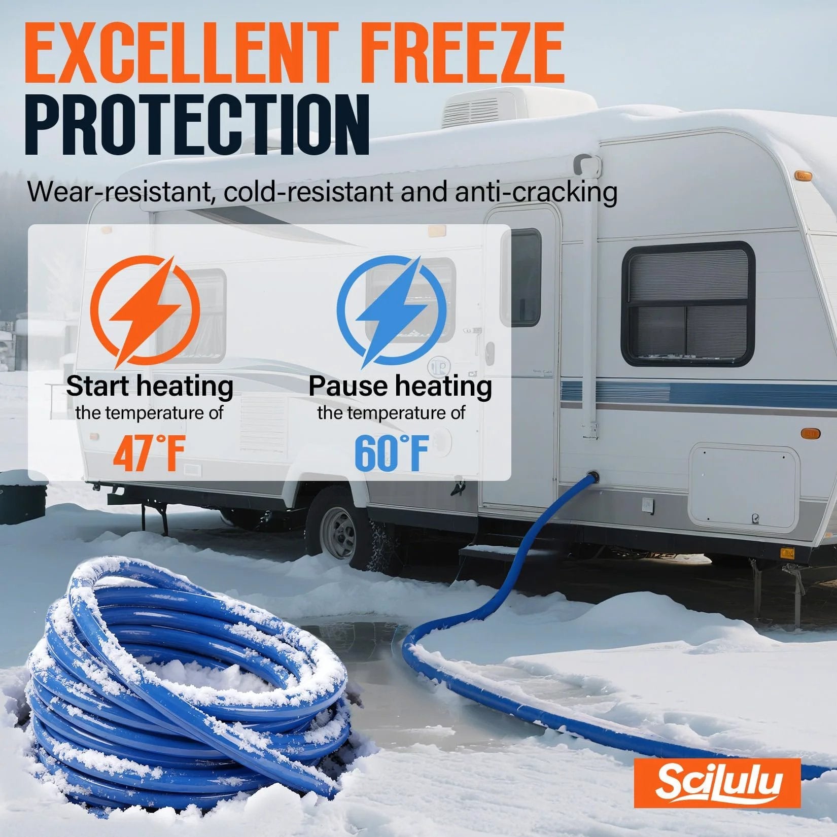 Heavy Duty Heated Water Hose For RVs And Home Use, Scilulu 30ft attached to RV, showing freeze protection features in snow