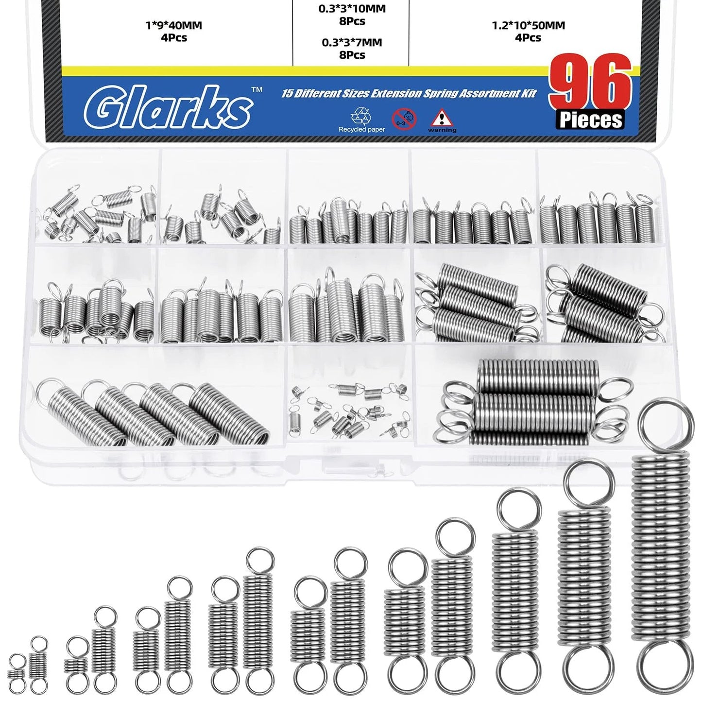Stainless Steel Extension Springs Set With Double Hooks 96 Piece Assortment In 15 Sizes for Machinery Construction