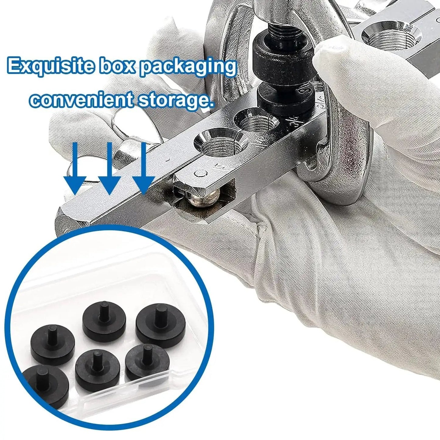 Brake Line Double Flare Adapters Set 3/16 And 1/4 Inch With Flare Dies in use, showing tool and box packaging for storage