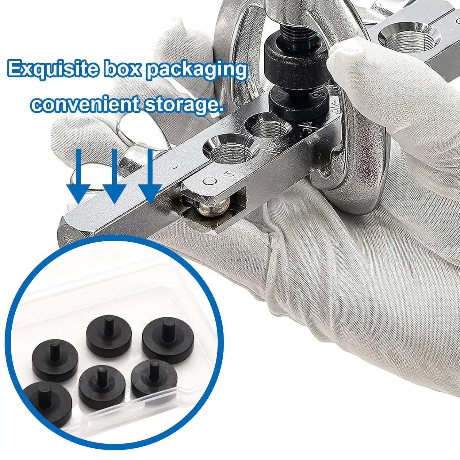 Brake Line Double Flare Adapters Set 3/16 And 1/4 Inch With Flare Dies in use, showing tool and box packaging for storage