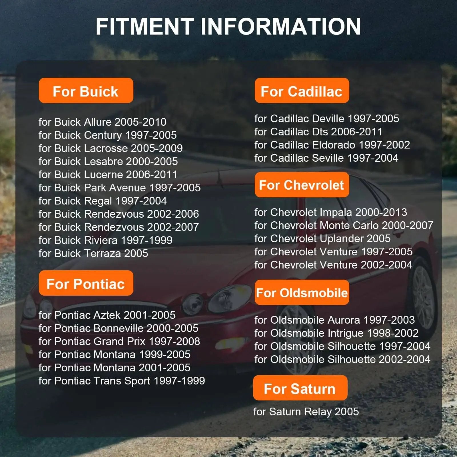 Fitment information chart for single front wheel hub bearing assembly 5-lug OE 513121 fit Buick Allure Cadillac Chevy Pontiac vehicles.