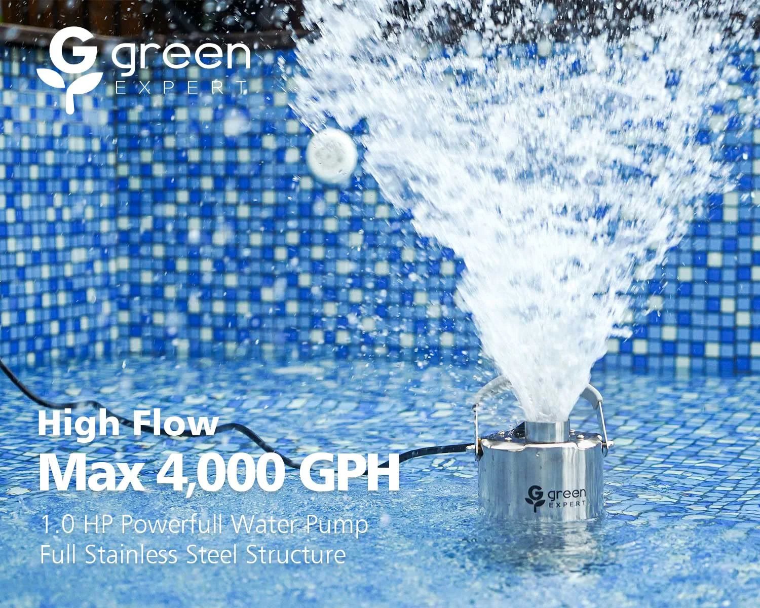 1 HP Submersible Sump Pump With 4000 GPH High Flow Green Expert Heavy Duty Full Stainless Steel Construction in pool setting