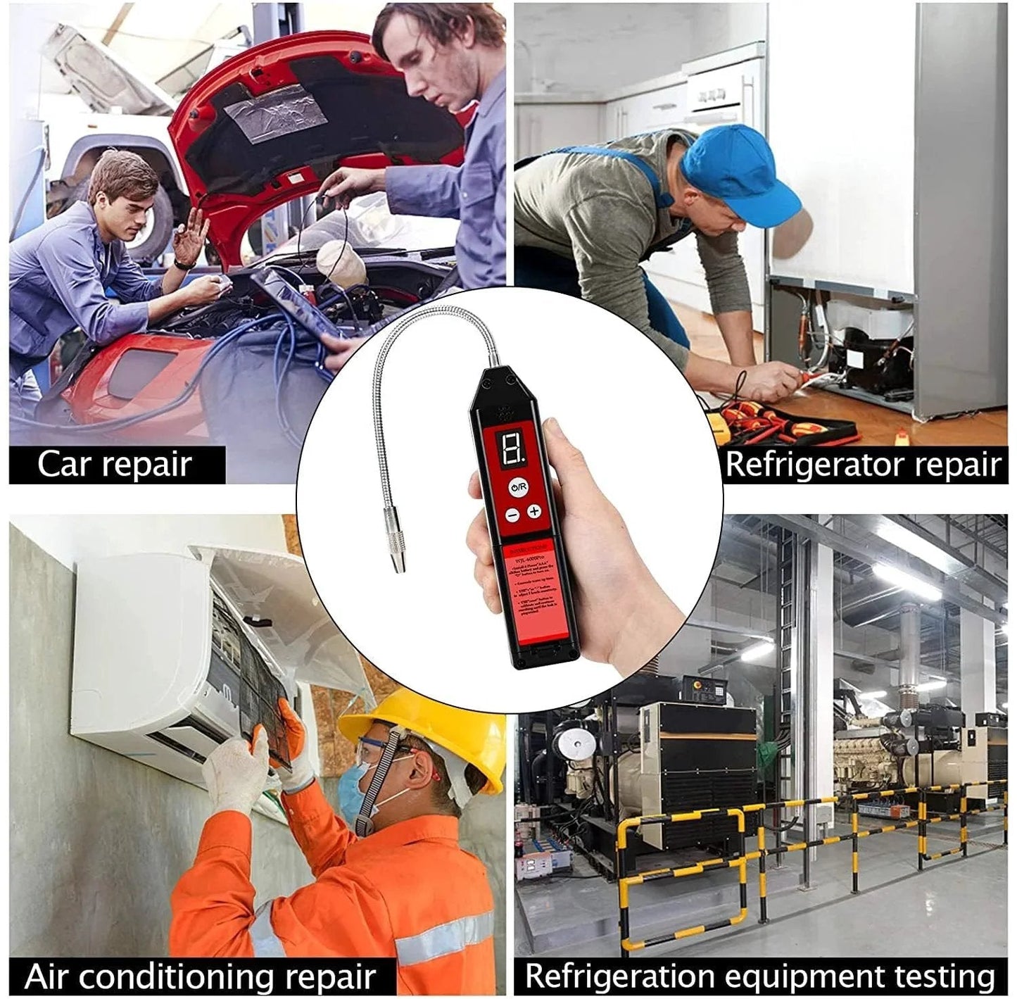 Upgraded WJL-6000PRO Halogen Leak Detector for HVAC systems shown with various repair and testing applications.