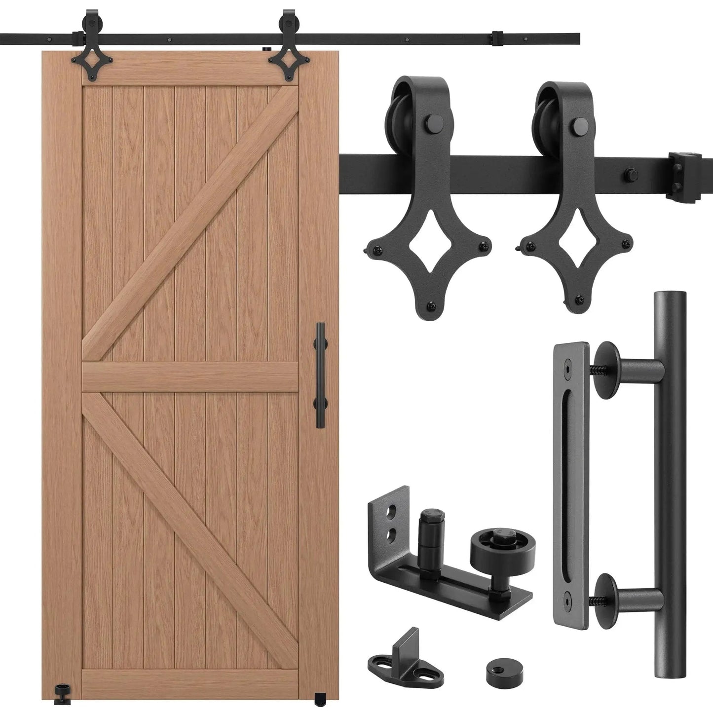 Heavy Duty Barn Door Hardware Kit With Handle For Smooth Sliding Doors Includes Track Rails And Rollers Durable Single Or Double Barn Door Assembly Black Finish Easy To Install Suitable For DIYers And Professionals showing components and wooden door.