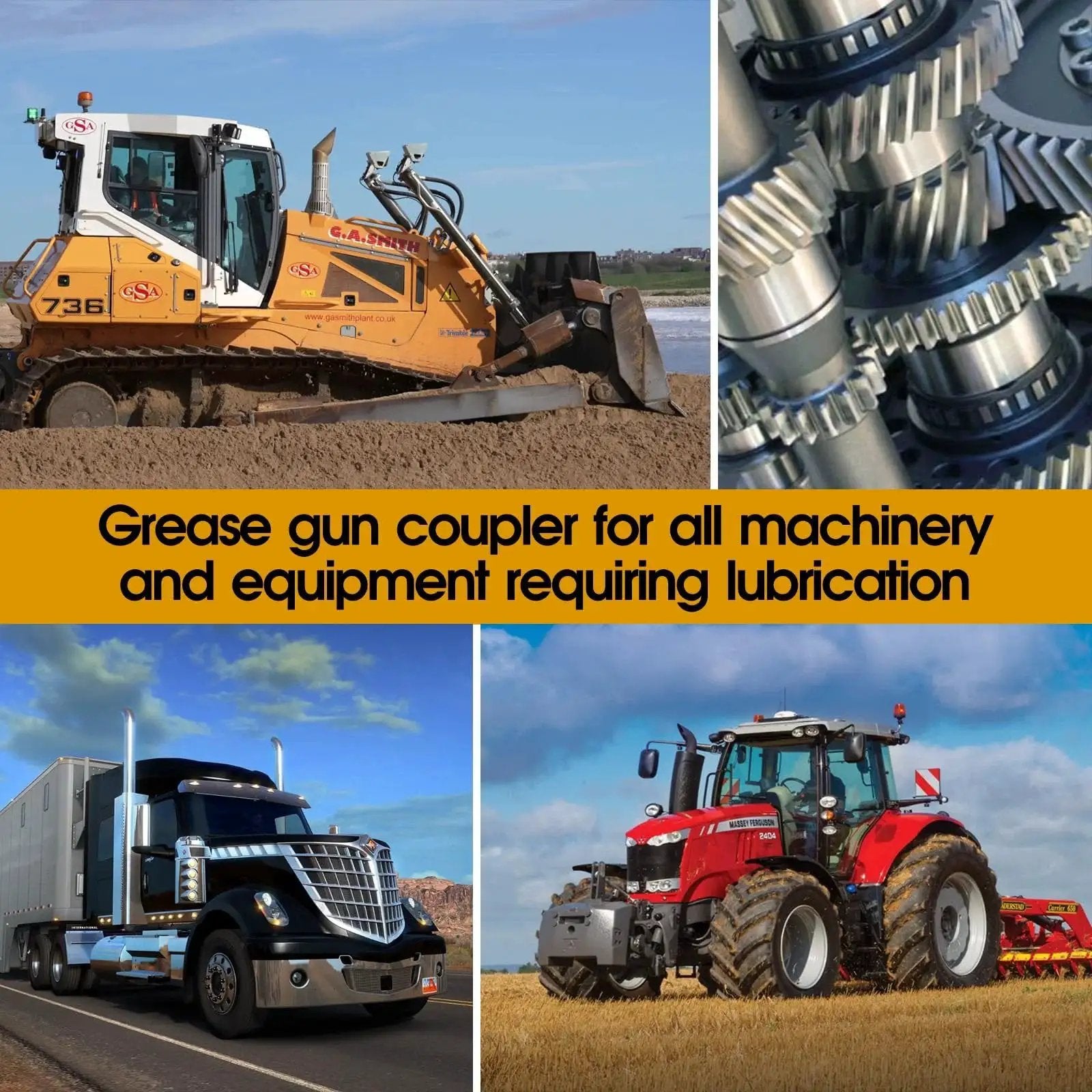 Heavy machinery and vehicles requiring Lock N Lube Grease Gun Coupler And Double Handle Nozzle Set for lubrication
