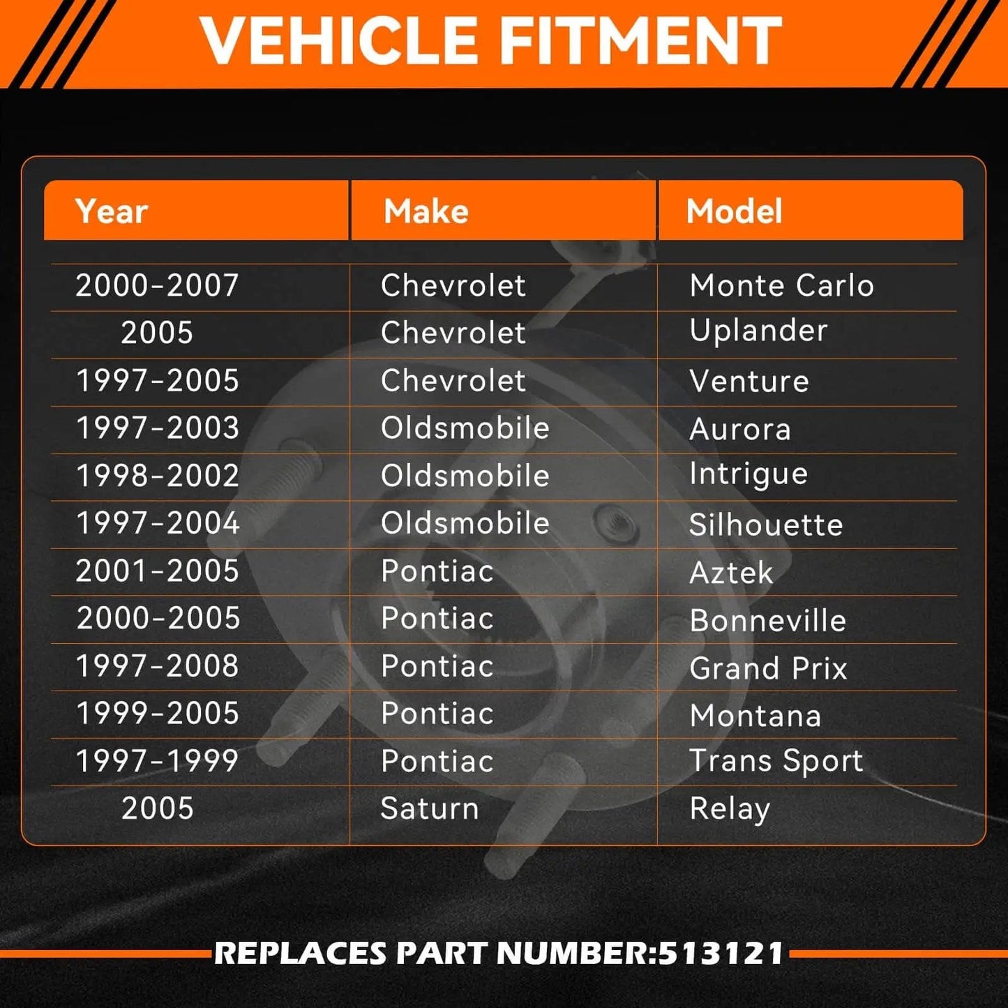 Vehicle fitment chart for Front Left/Right Wheel Hub & Bearing Assembly 513121, showing compatible GM car models and years.