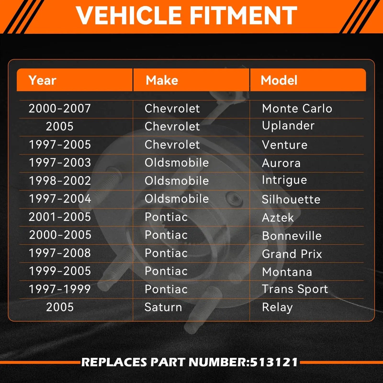 Vehicle fitment chart for Front Left/Right Wheel Hub & Bearing Assembly 513121, showing compatible GM car models and years.